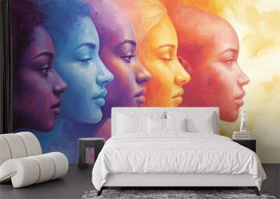 The abstract painting shows the heads of a group of people in different colors Wall mural