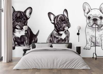 The background is a puppy background with a French bulldog illustration ink sketch. The illustrations are antique and isolated. Wall mural