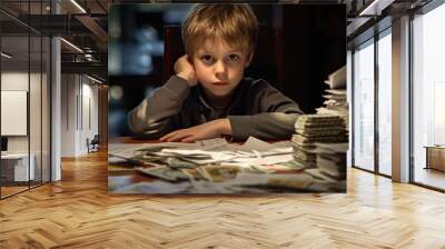 The boy counts money and takes notes, saves money in a piggy bank. Training in financial responsibility and savings design. Concept of finance, business, investment. Mindfulness lessons. Wall mural