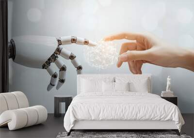 The future is all about AI, machine learning, robots and humans touching big data in the global network, Internet and digital technology, and science and stock digital technologies. Wall mural