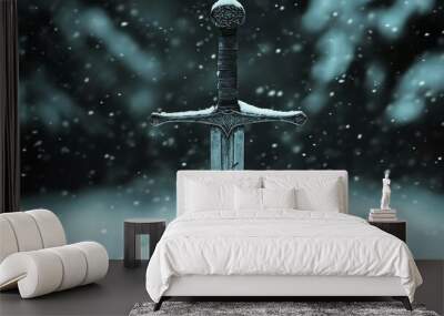 The image shows a fantasy silver old ancient sword on a snowy black background. Wall mural