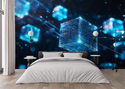 The image shows blue container boxes alongside a digital graph chart, representing import-export business. Wall mural