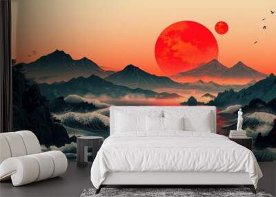 The Japanese landscape and ocean object is depicted in an oriental style over the top of a line wave pattern modern. Abstract template with geometric pattern. Wall mural