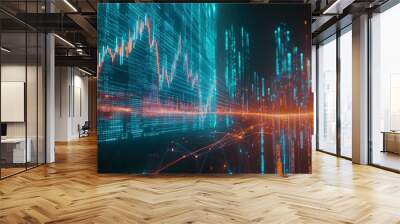 The market chart is a graph of a business growing stock value or financial data profit showing the growth of money on a background with success diagrams. Wall mural