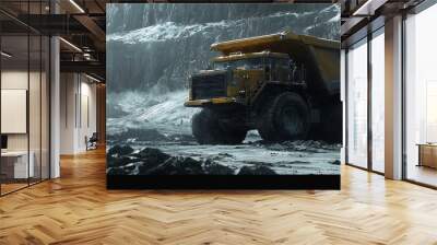 The mining industry's heavy equipment and machinery are captured through a yellow mining dump truck driving across a rugged rocky landscape in a photography concept Wall mural