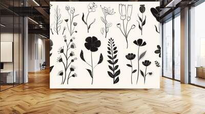 The modern abstract floral modern set is composed of collage contemporary elements. The hand drawn cartoon style flowers add a touch of minimalism to this contemporary set. Wall mural