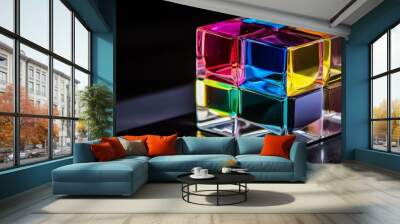 The three dimensional crystal cubes are being rendered with a holographic effect and reflected light behind them, isolated on a black background. Additionally, they are rotated using a transparent Wall mural