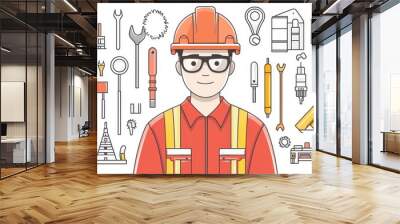 Thin line style modern illustration depicts a builder engineer wearing a helmet and uniform, armed with various construction tools Wall mural