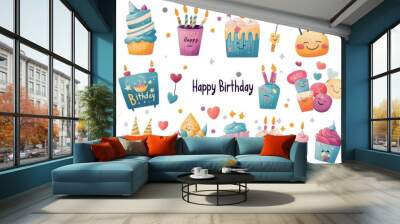 This collection of flat birthday celebration labels is hand drawn Wall mural