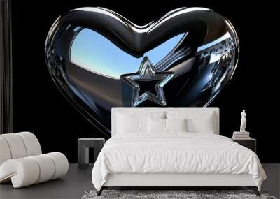 This futuristic shape set features shiny silver balloons with one star and two hearts on a black background. The shape set is a 3D chrome Y2K shape set with a thin silver liquid star. Wall mural