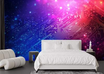 This is a modern illustration of a futuristic digital technology background with glowing dots in the horizontal direction and a tech circuit network. It is perfect for hi-tech advertising or game Wall mural