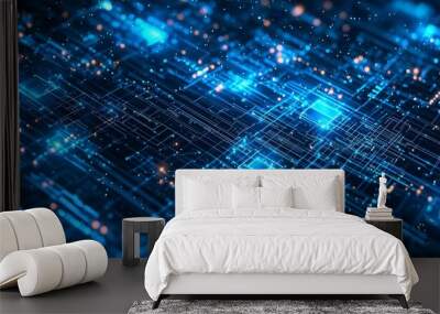 This is an illustration of future technology and innovation with a futuristic digital neon theme with a complex optical plan and a digital grid line and circuit. These are concepts of future Wall mural