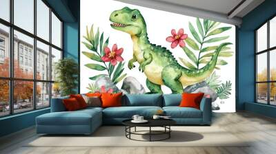 This watercolor illustration of a tyrannosaurus clipart is a set of dinosaurs, leaves, and stones. It can be used for educational material. Wall mural