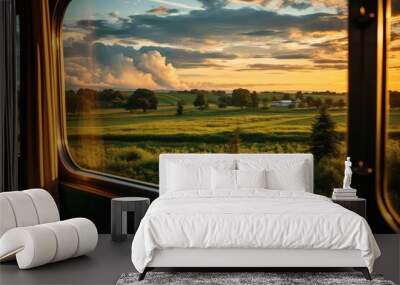 View of mountains, forest, green landscape from the train window. Rail travel concept Wall mural