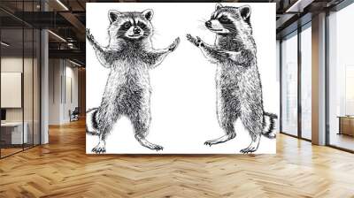 Vintage engraved illustration of a wild racoon stealing a line. This modern art illustration depicts a wild racoon stealing a line. Wall mural