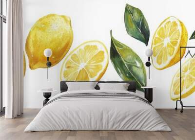 Watercolor illustration of lemons with leaves and leaves on a yellow background. Ideal for packaging design. Wall mural