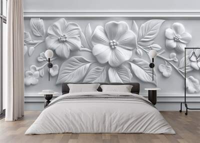 White floral design with many flowers and leaves Wall mural