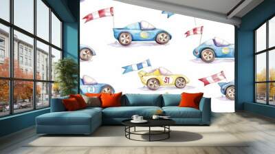 White seamless pattern with multidirectional colored racing cars, trophies, flags, and stars Wall mural