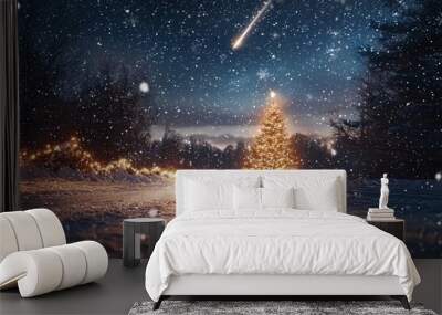 Winter in the Carpathian Mountains under a gleaming sky filled with stars Wall mural