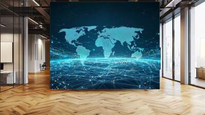 Wireframe illustration representing a futuristic blue grid sector on a world map, with distribute point light and wave lines. Digital communication technology. Wall mural