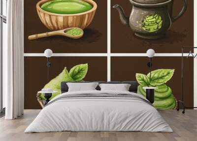 With a flat illustration of tea and accessories, this set includes a flat matcha tea illustration set Wall mural