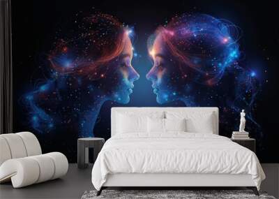 With horoscope sign Gemini in twelve zodiac signs with galaxy stars background, graphics of low poly young lady twins with futuristic astrological element Wall mural