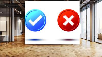 Realistic Right And Wrong 3D Button. Blue Check Mark And Red Cross Vector Illustration. Wall mural