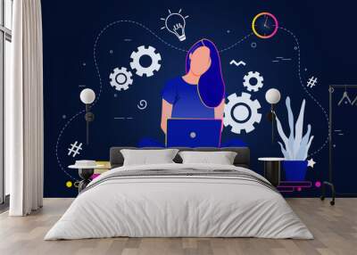 Young woman is working with a laptop at a desk. Gradient linear vector illustration of workflow of student sitting at home. Educational prerequisites for indoor teaching and learning of youth.  Wall mural