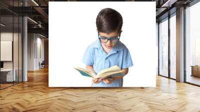 Portrait of boy in glasses with book. Remote learning. Distance education. Homework. Boy is reading. Education concept Wall mural