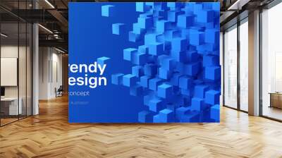 Abstract geometric background with blue 3d flying cubes. Modern abstract business template with 3d blue cube on blue background. Vector illustration Wall mural