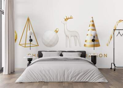 Christmas decorations vector collection. Set of realistic 3d white gold trendy decorations for christmas design isolated on white background. Christmas tree, deer, candy cane. Vector illustration Wall mural