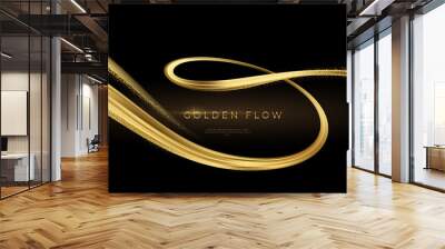 Golden swirl on black background. Abstract shiny color gold wave design element. Vector illustration Wall mural