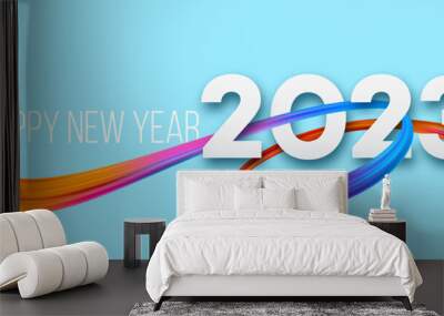 Happy New Year and Christmas 2023. 2023 typography on a background of bright colored paint strokes. New Year holiday greeting card. Vector illustration Wall mural