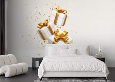 Merry New Year and Merry Christmas 2022 white gift boxes with golden bows and gold sequins confetti on white background. Gift boxes flying and falling. Vector illustration Wall mural