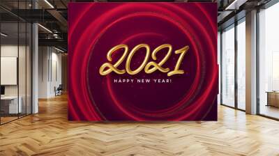 Realistic shiny 3D golden inscription 2021 happy new year on a background with red bright waves. Vector illustration Wall mural