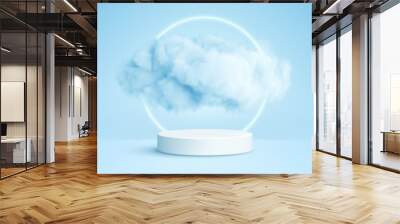 Realistic white fluffy clouds in product podium with neon circle on blue background. Cloud sky background for your design. Vector illustration Wall mural