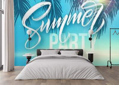 Summer party poster. Palm leaf and sea background. Vector illustration Wall mural