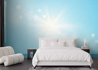 Sun rays blurred bokeh transparent effect isolated on light blue background. Vector illustration Wall mural