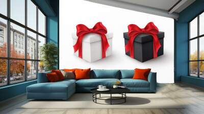 White and Black gift box with red silk bow isolated on a white background. Vector illustration Wall mural