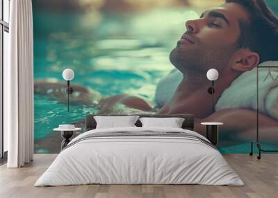 Attractive man relaxing in jacuzzi.  Wall mural