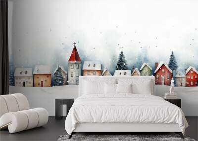 Christmas cute little town. Kids drawing style background. Wall mural