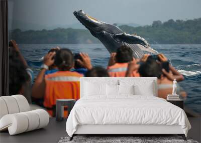 People on the boat make photos of whale.  Wall mural