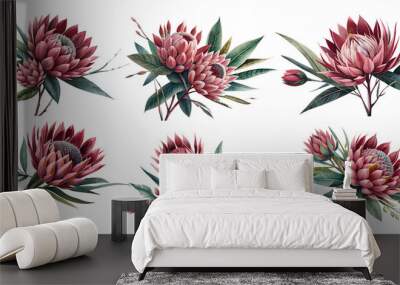 Watercolor protea flowers with leaves. Generative Ai	 Wall mural