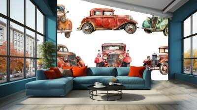 Watercolor vintage car set  isolated on transparent background.  Wall mural