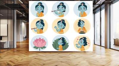 Cute little baby Krishna. Cartoon character Hindu god Lord Krishna isolated. Krishna Janmashtami, Govardhan Puja. . Fun colorful line doodle seamless pattern. Creative minimalist style art background  Wall mural