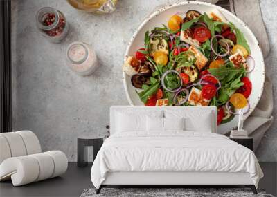 Fresh vegetable salad with arugula, grilled vegetables, sherry tomatoes and  halloumi cheese.Healthy food Wall mural