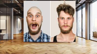 Change one guy before after: bald, with a haircut and styling, with long hair on background. Concept for a barber shop, and medicine: the problem of hair loss, alopecia, transplantation Wall mural