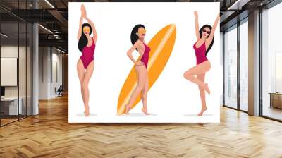 set surfing girls relaxing on the beach. collection Sexy woman with surfboard isolated Vacation Vector Illustration. Wall mural