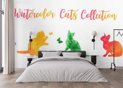 Cute colorful watercolor cat silhouettes playing with butterflies. vector illustration. Wall mural