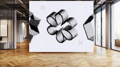 Bitmap textured shape set. Dither halftone objects collection. Black 3d flower, star, hexagon elements for banner, poster, leaflet. Abstract pixelated raster effect bundle. Vector pack Wall mural